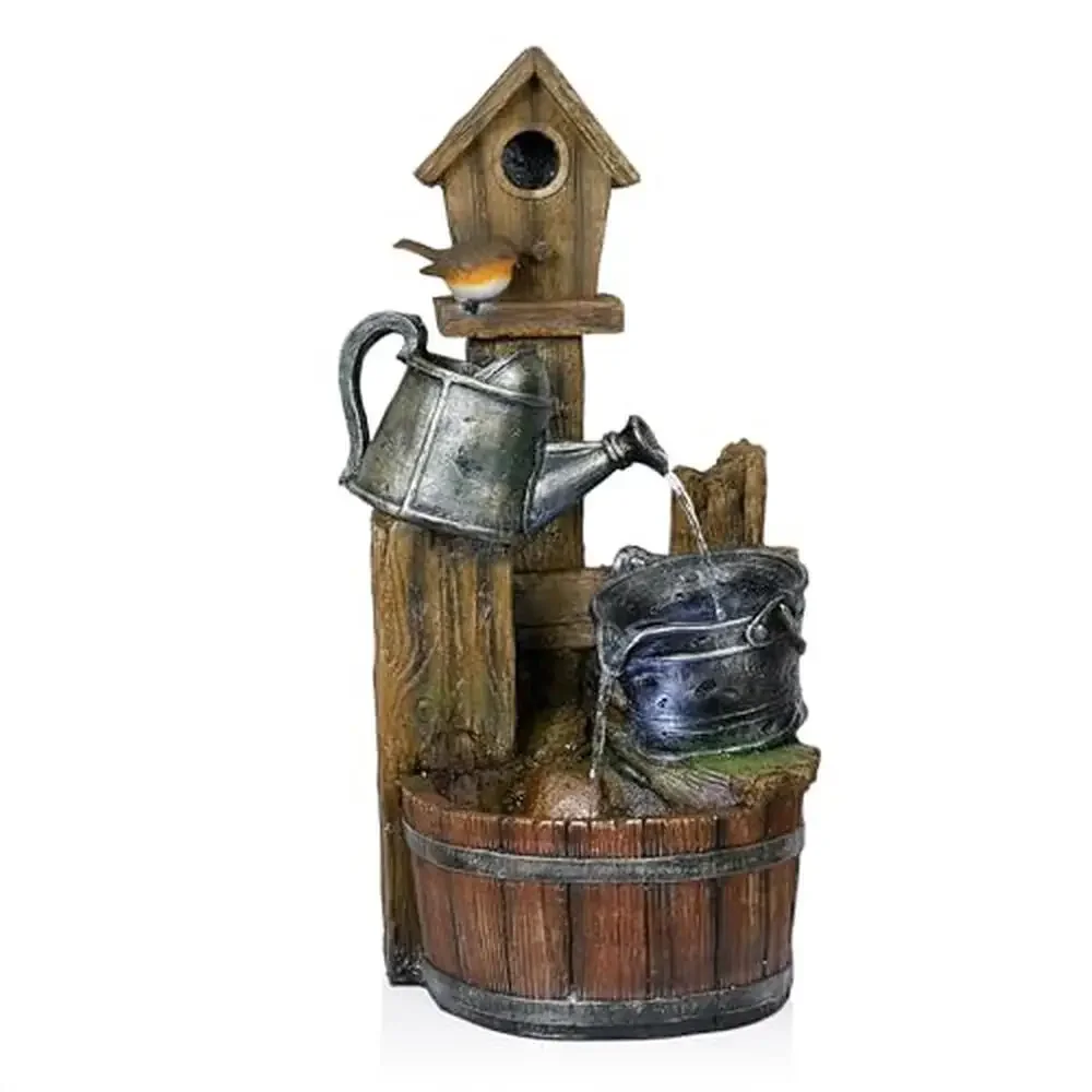 Birdhouse Wood Water Fountain LED Lights Multicolor Garden Decor 32