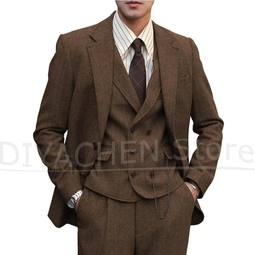 

Men's Herringbone Suit Set Vintage Single Breasted Notch Lapel Wear 3 Piece Fashion Formal Business Casual Wedding Outfit