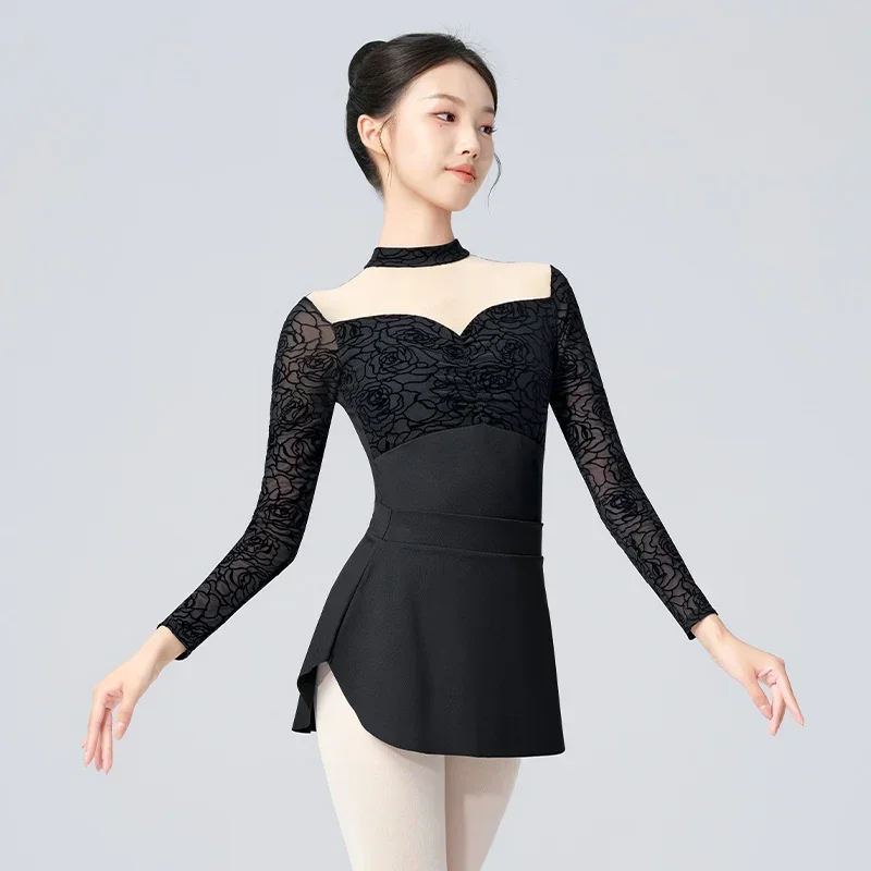 Ballet Leotards for Women Adult Black Lace Gymnastics Leotards Nylon Aerialist Yoga Practice Bodysuits Long Sleeve Dance Leotard