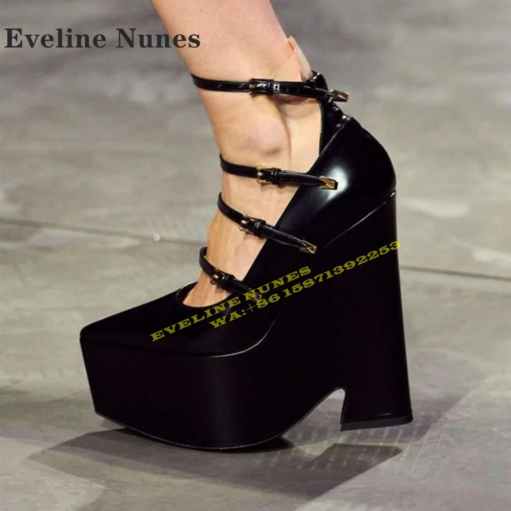 

Platform Wedges Thick Sole Black Sandals Pointed Toe Buckle Strap Cut Out Large Size Runway Show Pumps Shallow Sexy Shoes Newest