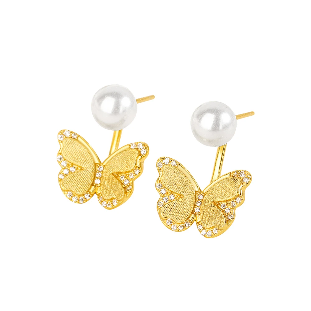 

S925 Sterling Silver Retro Gold Brushed Butterfly Pearl Earrings Women's Light Luxury Temperament Back-Hanging Earrings