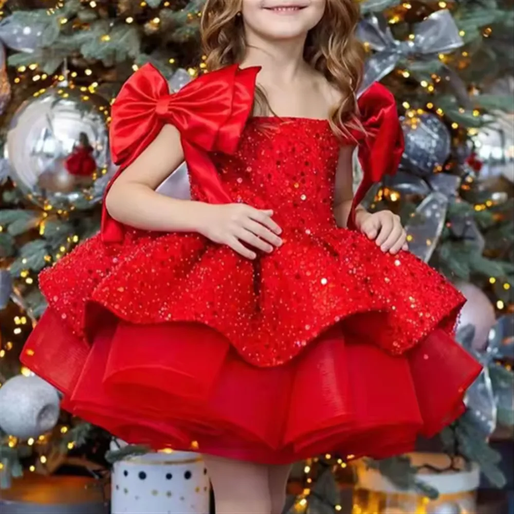 

Luxury Sequins Flower Girl Wedding Dress Off Shoulder with Bow Puffy Baby Girl Princess Party Pageant Birthday Dress Customized