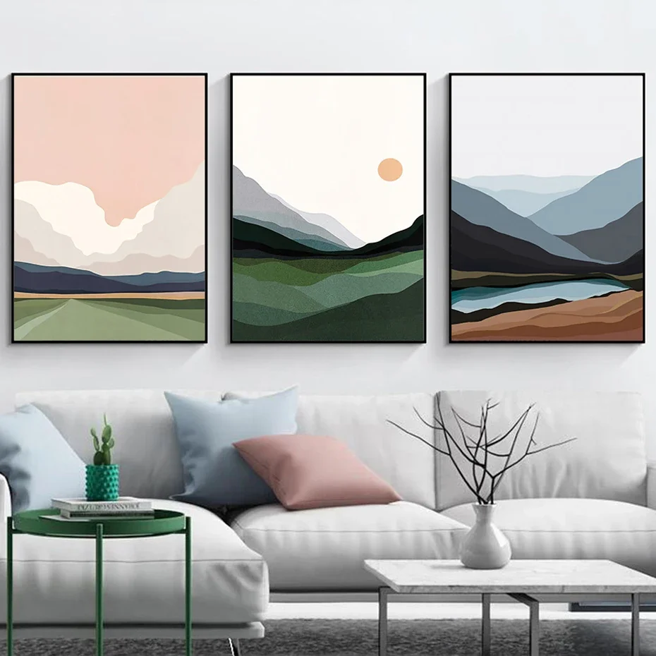 Abstract Nature Landscape Mountain Lake Sun Cloud Posters Minimalist Print Canvas Painting Wall Art for Living Room Home Decor