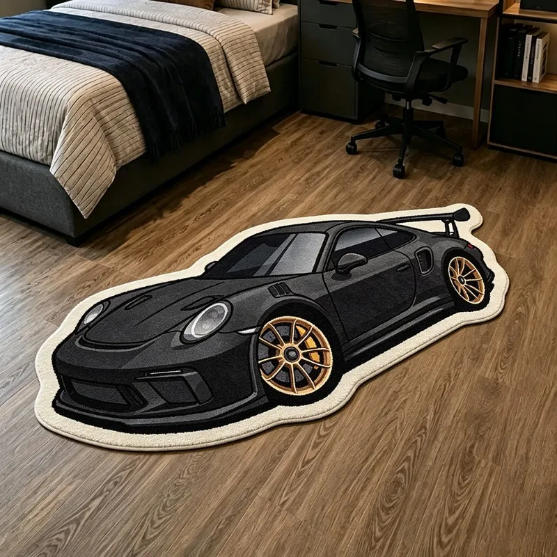 American Retro Sports Car Pattern Rug Trendy Cool Atmosphere Carpet for Bedroom Bedside Gaming Room Soft Washable Floor Mat