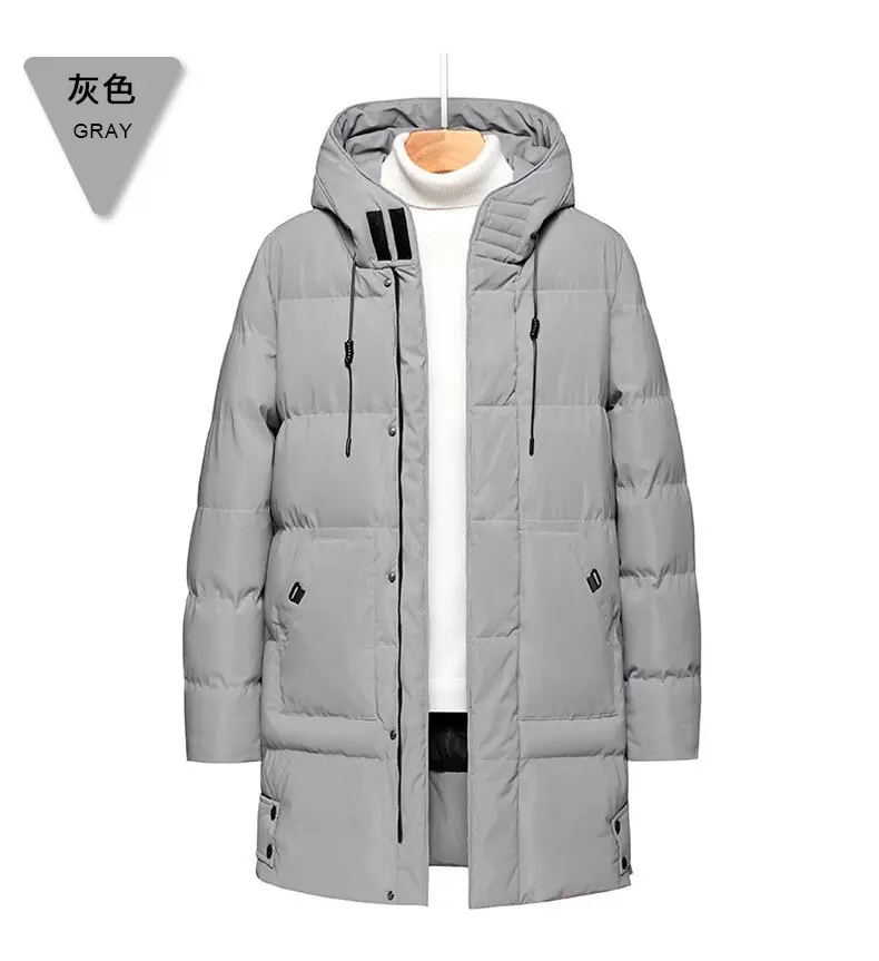 Men Mid Long Hooded Padded Cotton Jacket Plus Size Thick Warm Quilted Winter Coat Drawstring Hood Casual Cold Weather Outerwear