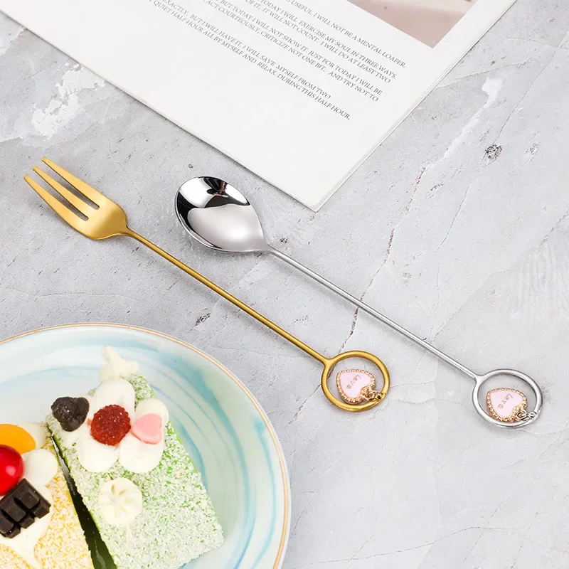1PC Stainless Steel Coffee Spoon Long Handle Mixing Fork Love Heart Star Pendant Mixing Spoon Fruit Fork Kitchen Tableware