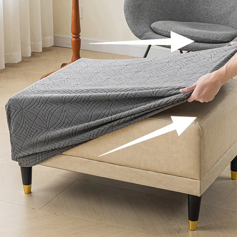 Thicken Velvet Ottoman Cover Elastic Jacquard Chair Cover Sofa Footrest All-inclusive Square Low Stool Cover Furniture Protector