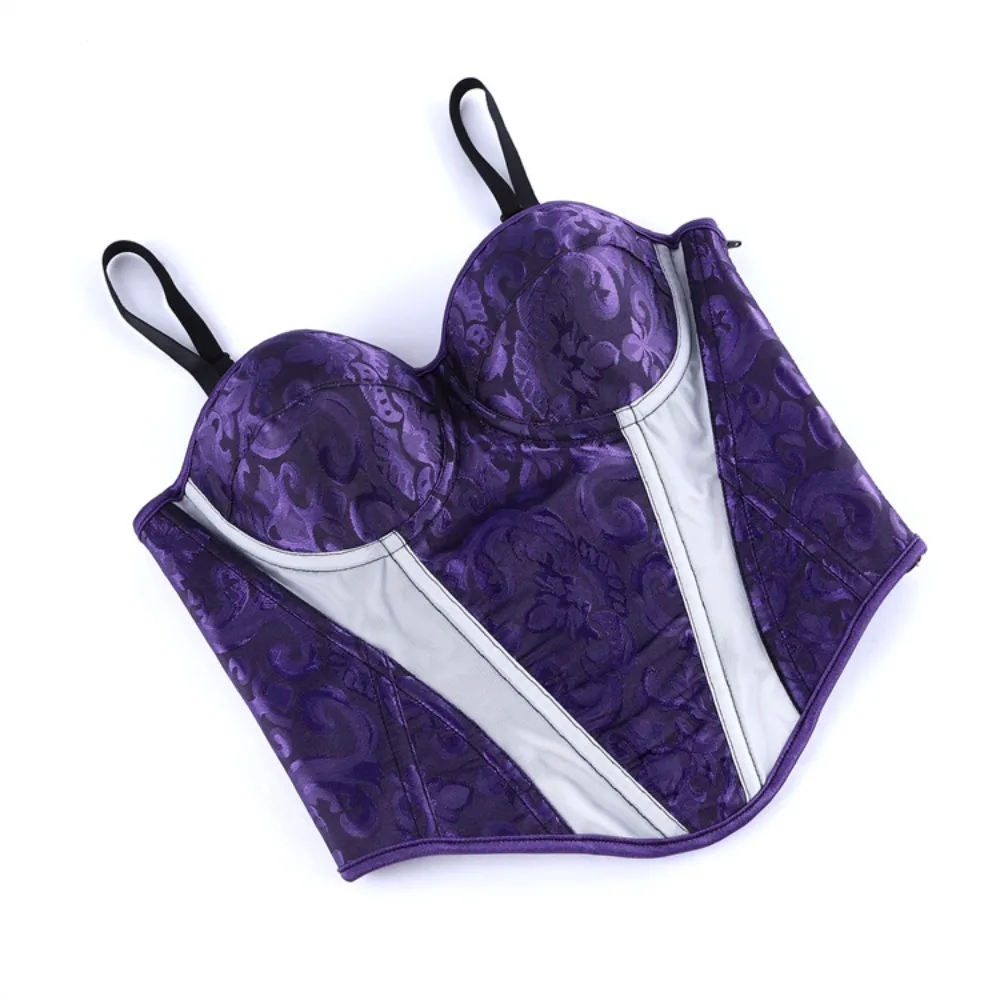 

Women Purple Corset With Cup Lingerie Zipper Side Straps Overbust Corset Waist Trainer Bustier Plus Size Sexy Party Camis Top