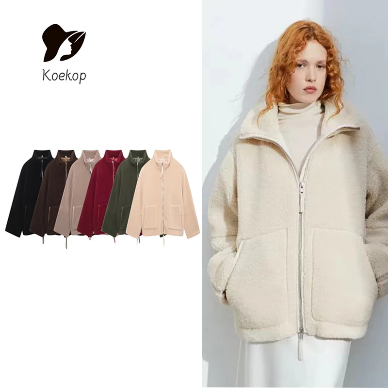 

Koekop 2024 Autumn and Winter Women's Fashion Solid Color Teddy Velvet Jacket Vintage Full Sleeve Women's Chic Lady Jacket