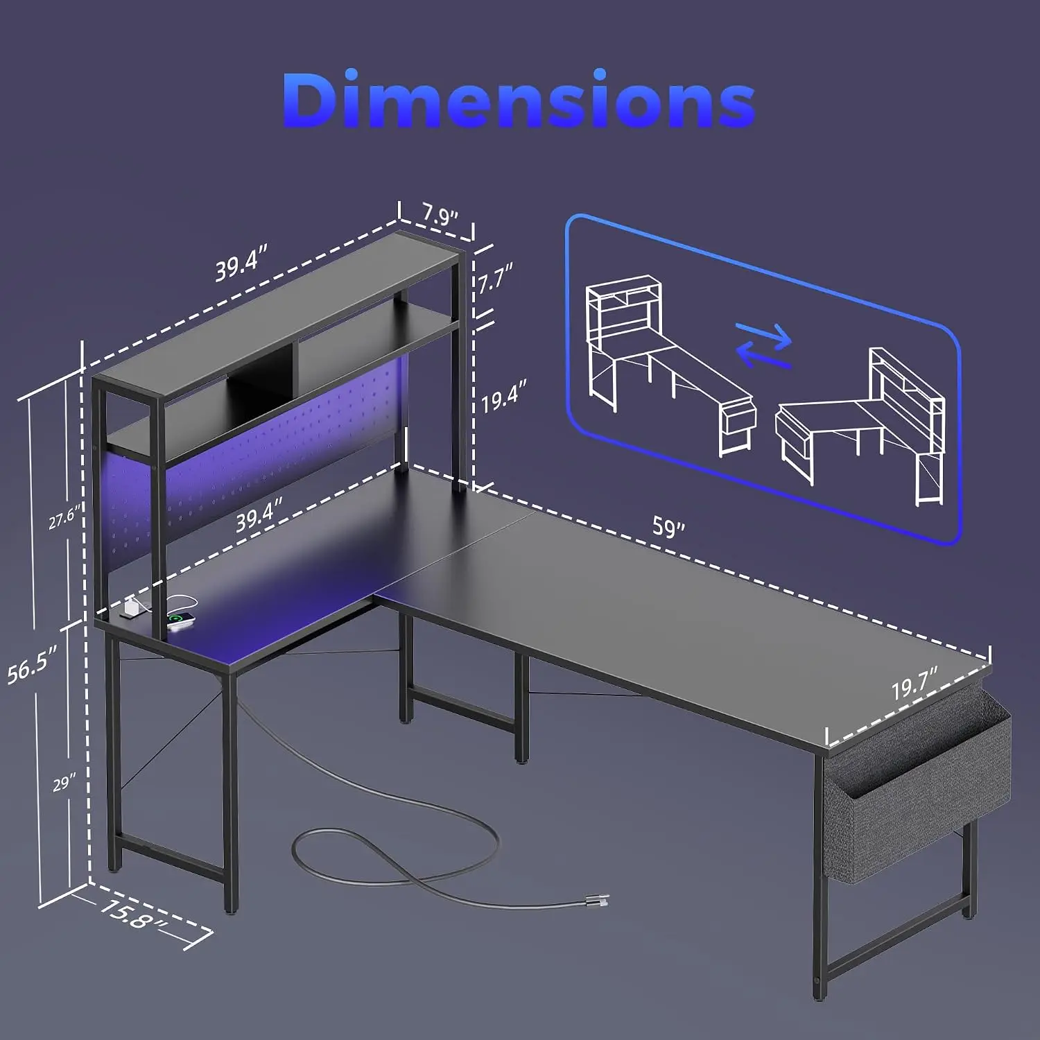 L Shaped Gaming Desk with Pegboard, Hutch, Power Outlets, LED Light & Storage, 59 inch Reversible Table , Customized