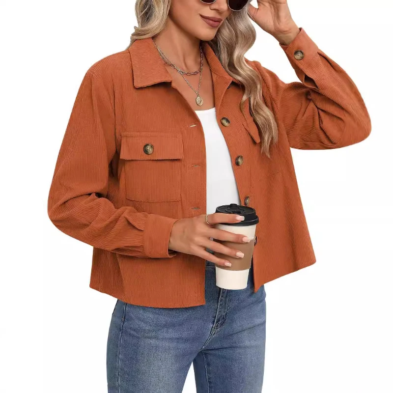 Women Jackets Coats Short Coat Turn Down Collar Full Sleeve Casual Single Breasted Jacket Splice Button Pocket Autumn Winter