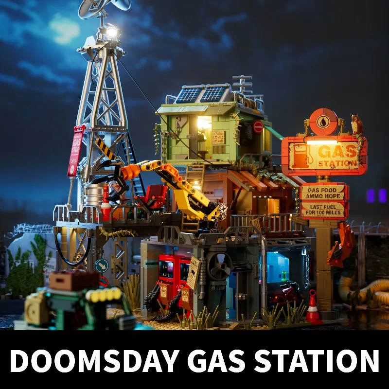    Apokalyptische Tankstelle Baustein-Set, Filmstadt-Architektur, Modulares Montagemodell, Ziegelstein-Bausatz, Schreibtisch-Dekoration, Kreatives Spielzeug, Geschenke für Erwachsene, 2043 Teile