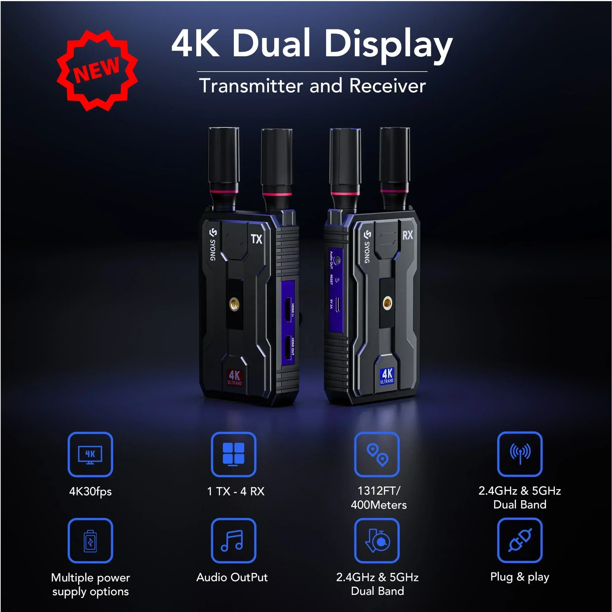 In stock  SYONG Wireless HDMI 4K Transmitter Tx Rx 400m Extender 1312FT Support 2.4G/5G Outdoor Shooting with Battery for Cam