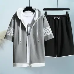 Conjunto de dos piezas de estilo coreano, Sudadera con capucha transpirable, pantalones cortos de ajuste holgado, Top con capucha para deportes, 1 Juego