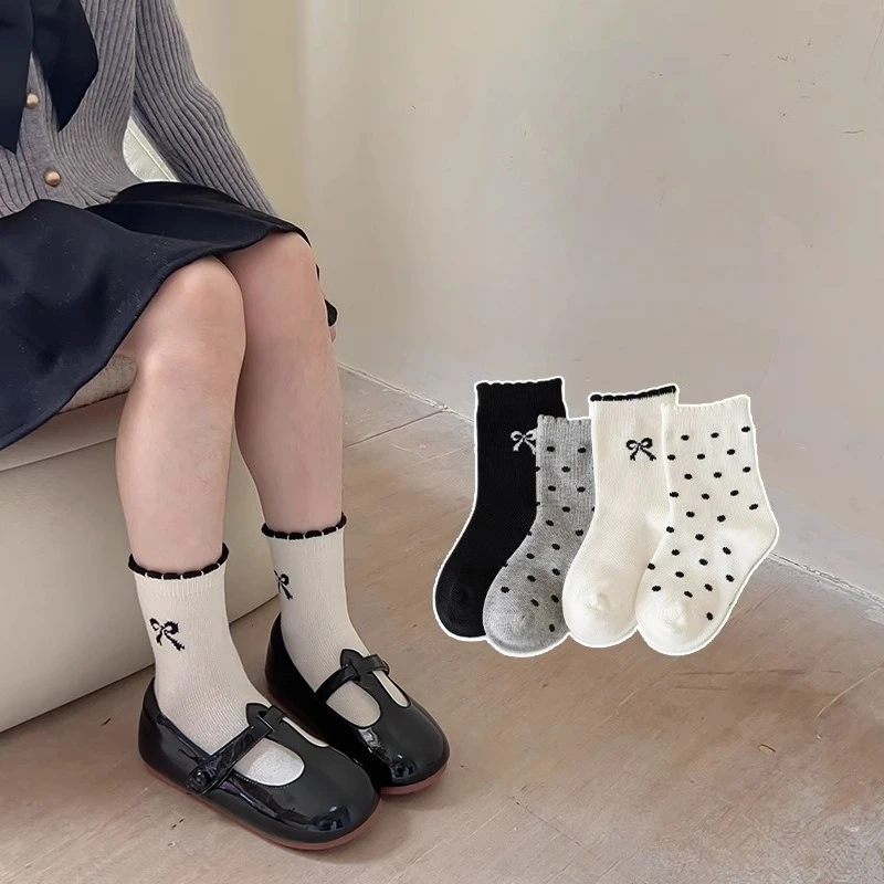 

4Pairs Embroidery Bow Socks 2-12Year Girls Polka Dot Stockings Spring Autumn Children Middle Tube Sock Baby Kids Cotton Footwear