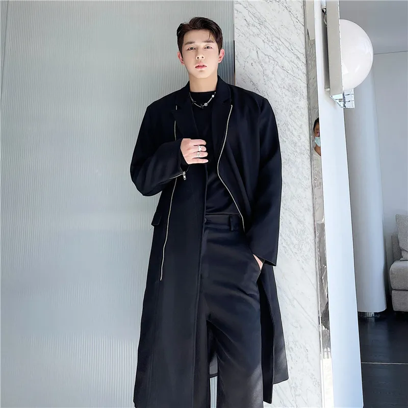 

Trendy Autumn Winter Men's Long Casual Loose Coat Zipper Decorated Haome Jaet Polyester Blend Youth Faion