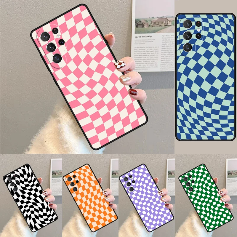 Cover For Samsung Galaxy S24 Ultra S21 S22 S8 S9 S10E Note 10 20 Plus FE S23 Check Orange Green Moss Twist Phone case Coque