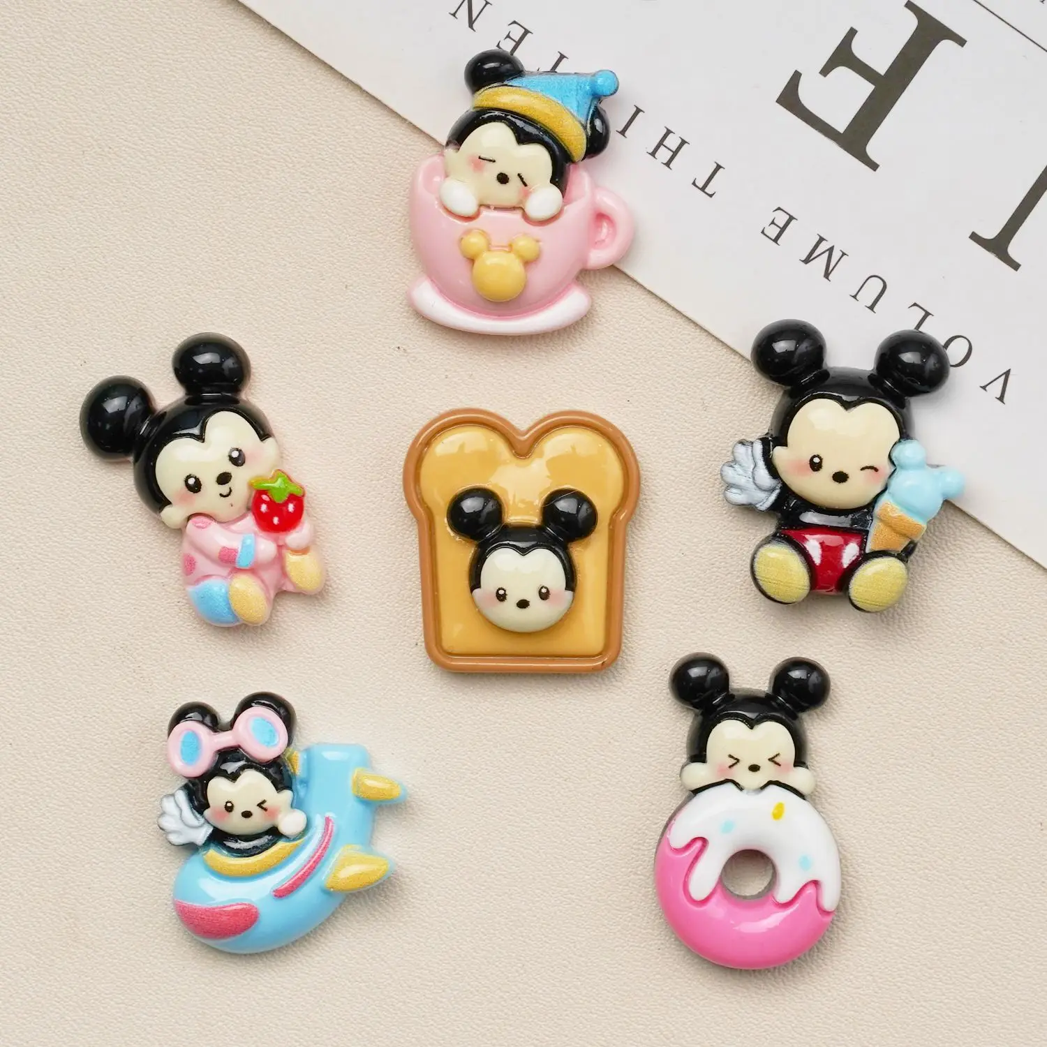 5pcs Cute Disney Bread Mickey Series Cartoon Resin Flatback Supplies Charms for Diy Kawaii Resin Accessories Crafts Materials