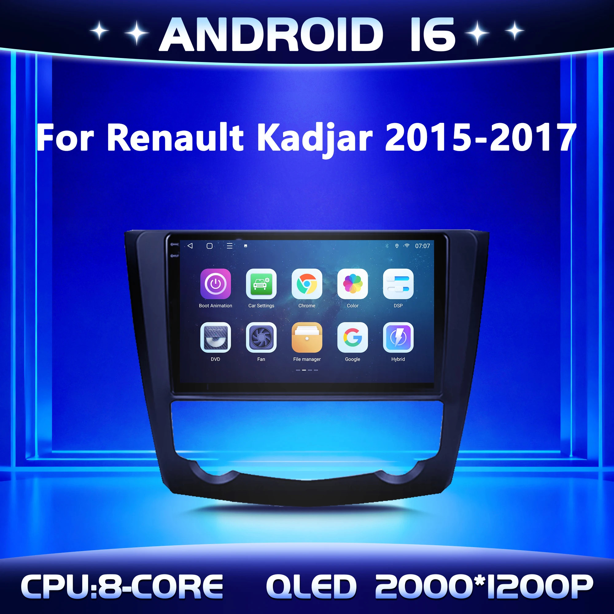 Rádio Multimídia Automotivo de 9 polegadas para Renault Kadjar 2015-2017 com Sistema Android 16, Bluetooth, Carplay, Android Auto, Tela QLED 2K, GPS e Wi-Fi 5G