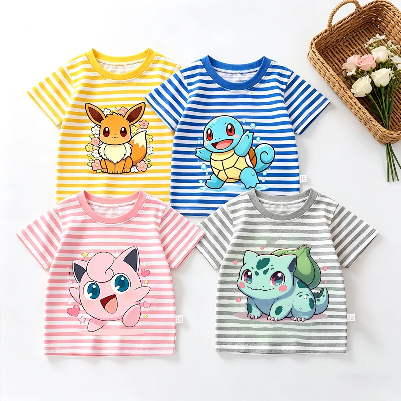 Cartoon Pokemon Streifen T-Shirt Niedliches Pikachu Eevee Bulbasaur Baby Junge Mädchen Sommer Tops Kawaii Kleinkind Kurzarm T-Shirts