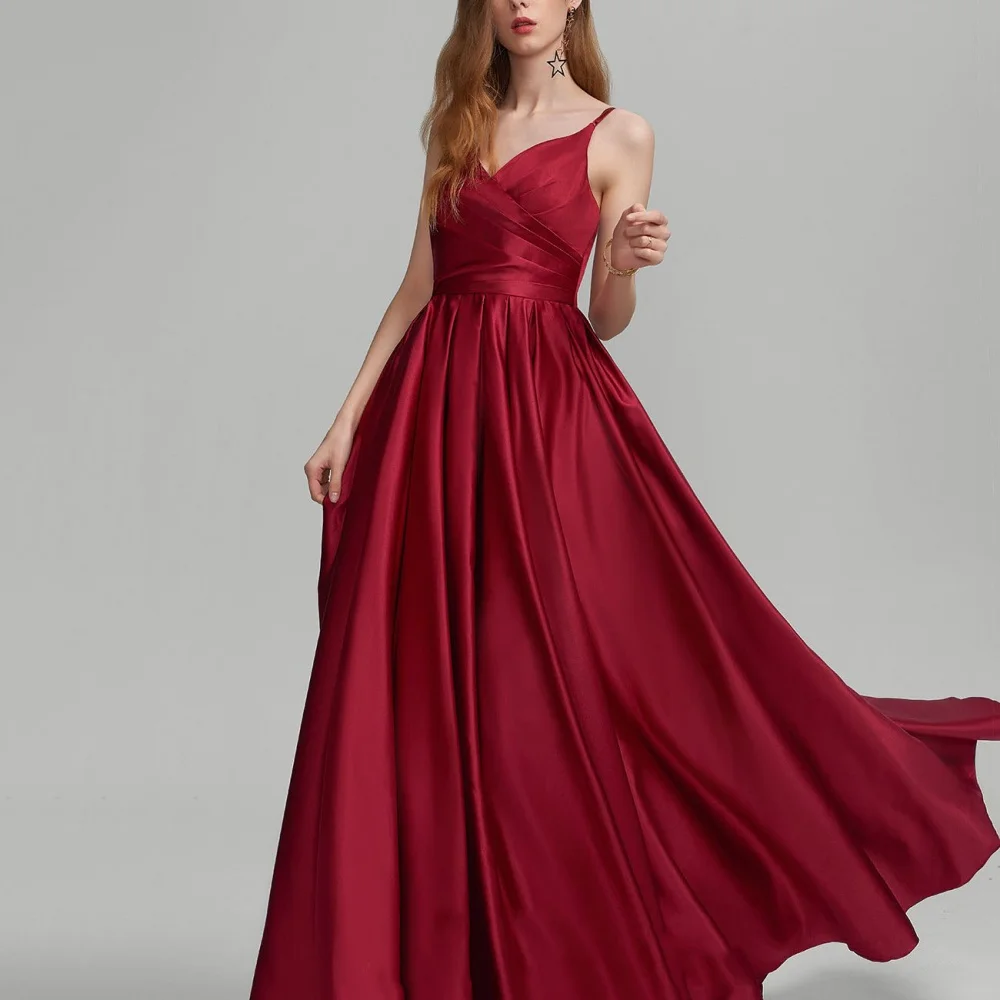 Elegante vestido de baile com decote em V para mulheres, vestidos de noite com cintas espaguete, vestidos de festa simples