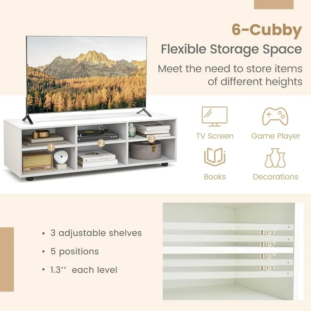 Suporte de TV de 6 cubículos para TVs de até 50 polegadas, mesa de console de TV branca com prateleiras ajustáveis