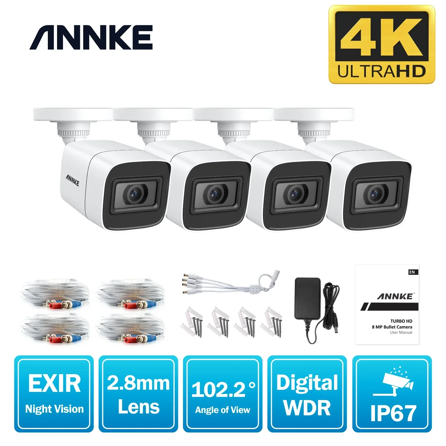 

ANNKE 4K Ultra HD 4pcs Bullet Security Camera IR Night Vision IP67 Waterproof Outdoor Indoor Wired CCTV Camera