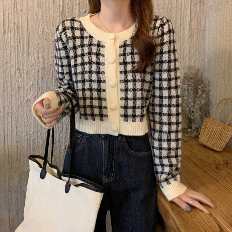 Autumn Winter Sweet Plaid Print Single-breasted Cropped Sweater Korean Slim Long Sleeves Kawaii Pink Sweater New Knitted Sweater