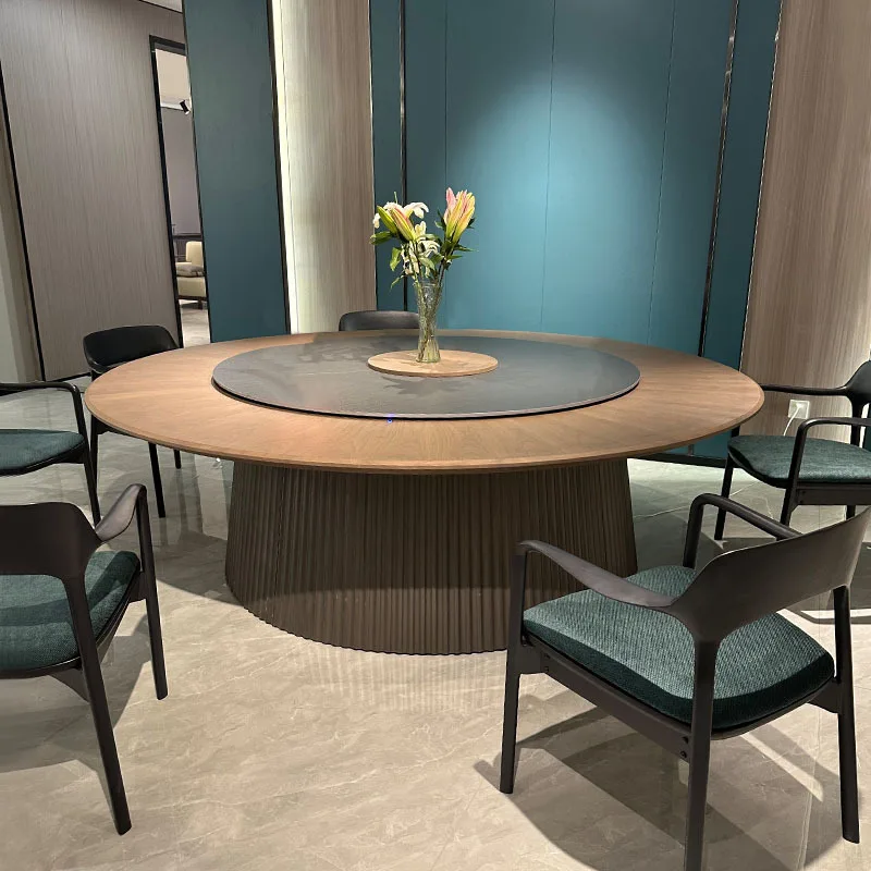 Hotel electric dining table large round table turntable rock slab 20 people hotel banquet hall commercial solid wood tables and