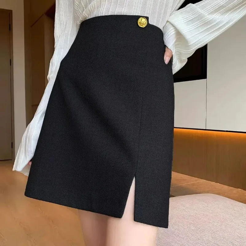 

Suit Short Skirt High-waisted Summer Design Gray Hip-hugging Skirt Slit A-line Skirt