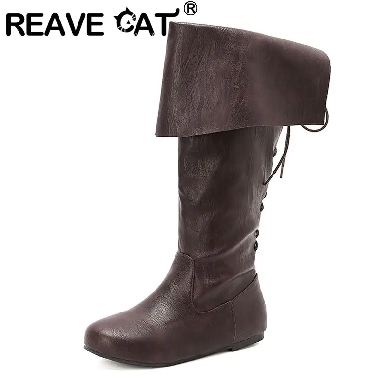 

REAVE CAT Ladies Shoes Vintage New Women Knee High Booties Round Toe Flats Lace Up Soft Daily Hot Boots Black Oversizes 43-45