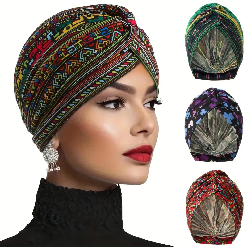 Print Flower Knot Ruffle Chemo Hat Forehead Cross Head Wrap for Women Stretchy Elastic, Ultra-Lightweight, Soft Beanie view 4