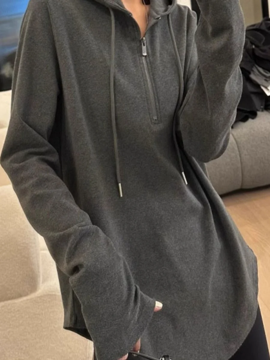 plus Size Women's Hoodie Sweatshirt Half Zipper Base Layer Shirt Belly Covering Autumn Winter New Style Korean Version Long S...