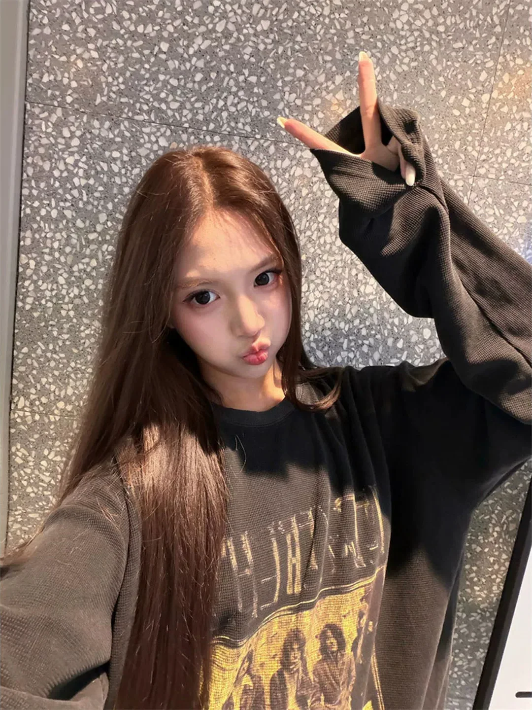 Washed American Style Long Sleeve T-Shirt Women's Loose Casual Vintage Print Top Breathable Sweat Absorbent round Neck Tee