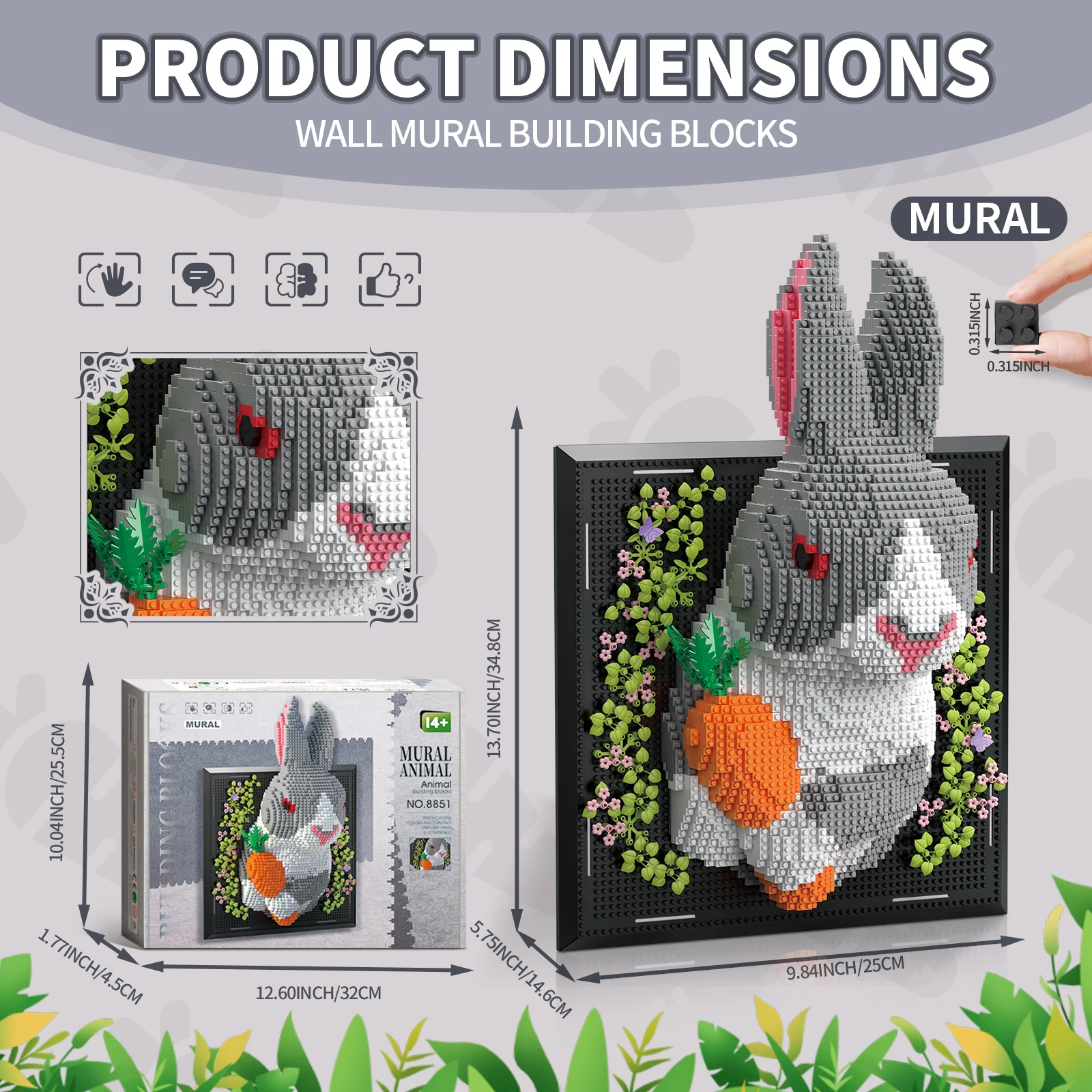 

Natural Animal World Rabbit 3D Wall Art Miniature Small Particle Building Block Set, Cute Rabbit Holding Carrot, Creative Gift for Adults, Ages 14 and Above, Boys and Girls, Living Room Decoration Wall Hanging