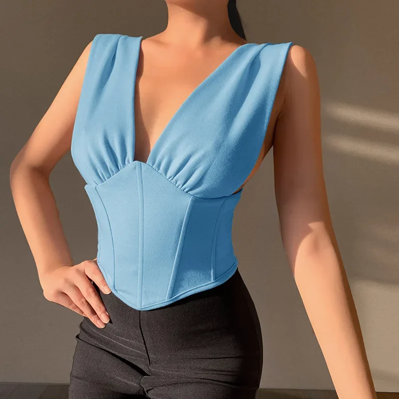 

Summer 2023 Fashion Sexy Backless Deep V-Neck Crop Blue Tops for Women Boned Sleeveless Lace Up Top Cropped Top Indie Female