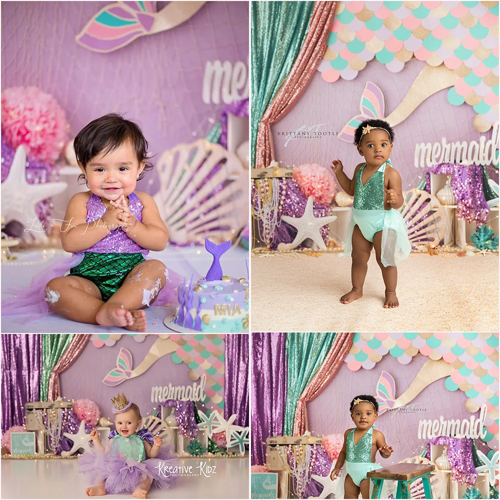 Under The Sea Photo Background Fantasy Purple Mermaid Photography Backdrop Girl Princess Birthday Cake Smash Photo Studio Props