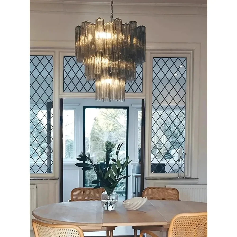 Smokey Gray Flower Glass Pendant Lights LED Home Decor Classical Taper Hanging Lighting Fixture Living Room Ceiling Lamp Lustre