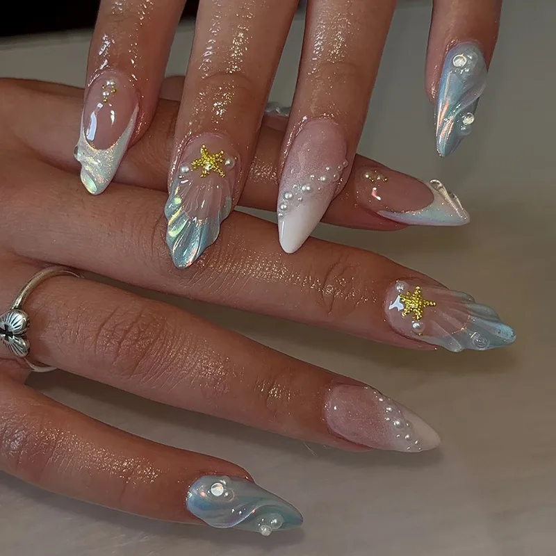 

24pcs Press on Nails Ocean Mermaid 3D Shell Star Full Coverage Nail Pieces for Women&Girls Detachable Wearable Nail Daily Wear