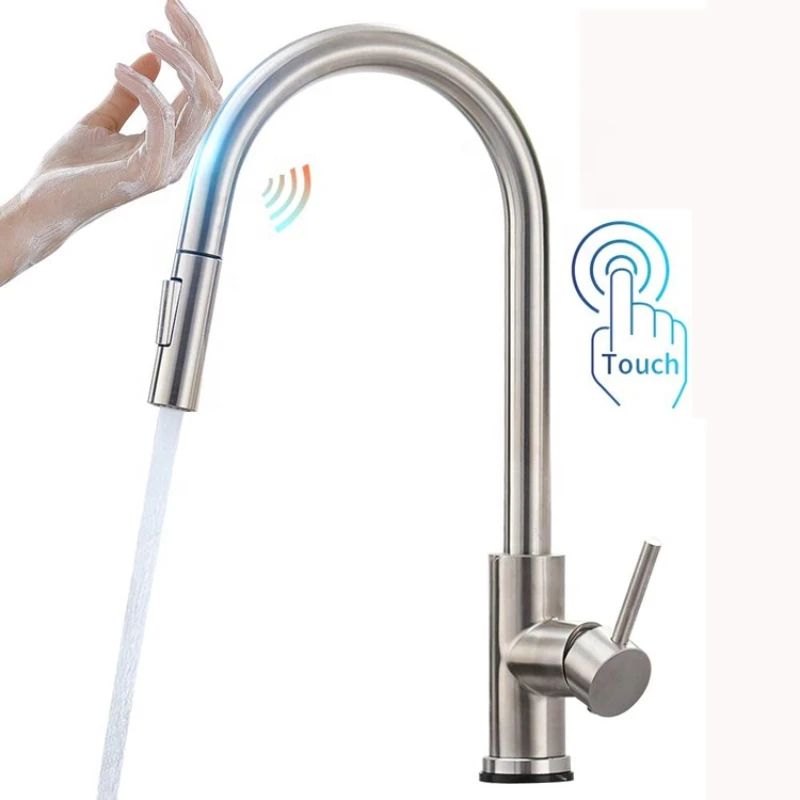 Manufacturer Stainless Steel 304 Hot Cold Mixer Pull Down Automatic Hot Water Sensor Tap Smart Touch Kitchen Faucet