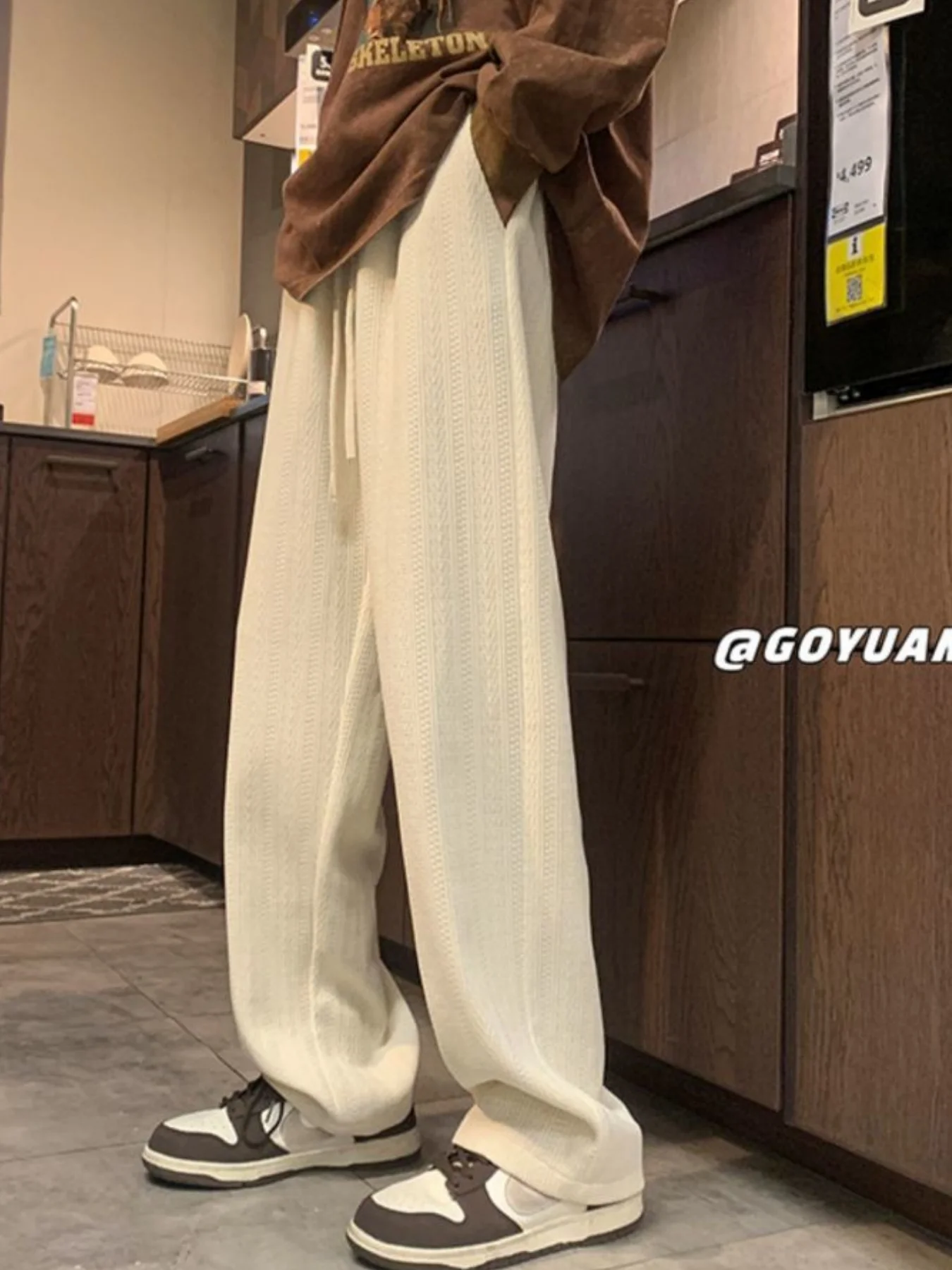 Pantaloni vintage a gamba larga in tinta unita da donna, nuovo stile autunno e inverno, foderati in pile, ispessiti, a vita alta, drappeggiati, casual, larghi, caldi, versatili, rilassati