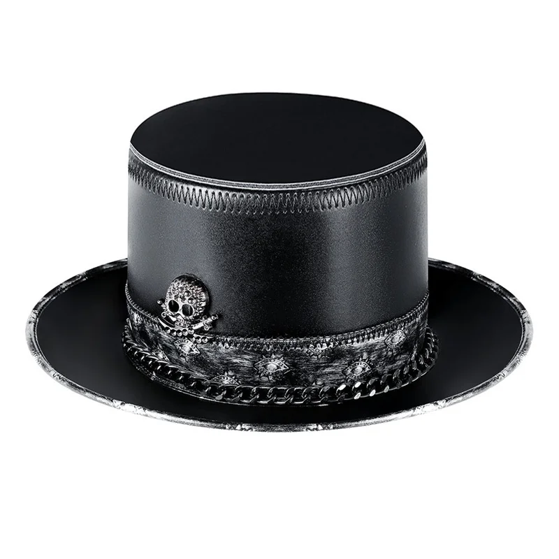 PU Leather Hat Flat Brimmed Cap Black Punk Men Magic