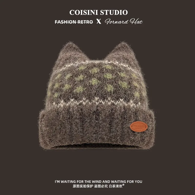 Japanische Retro-Fair-Isle-Jacquard-Mütze mit Katzenohren, gestrickt, für Herbst und Winter, warm, verdickt, mit Ohrenschutz, Skull-Beanie-Mützen für Damen – Detail 3