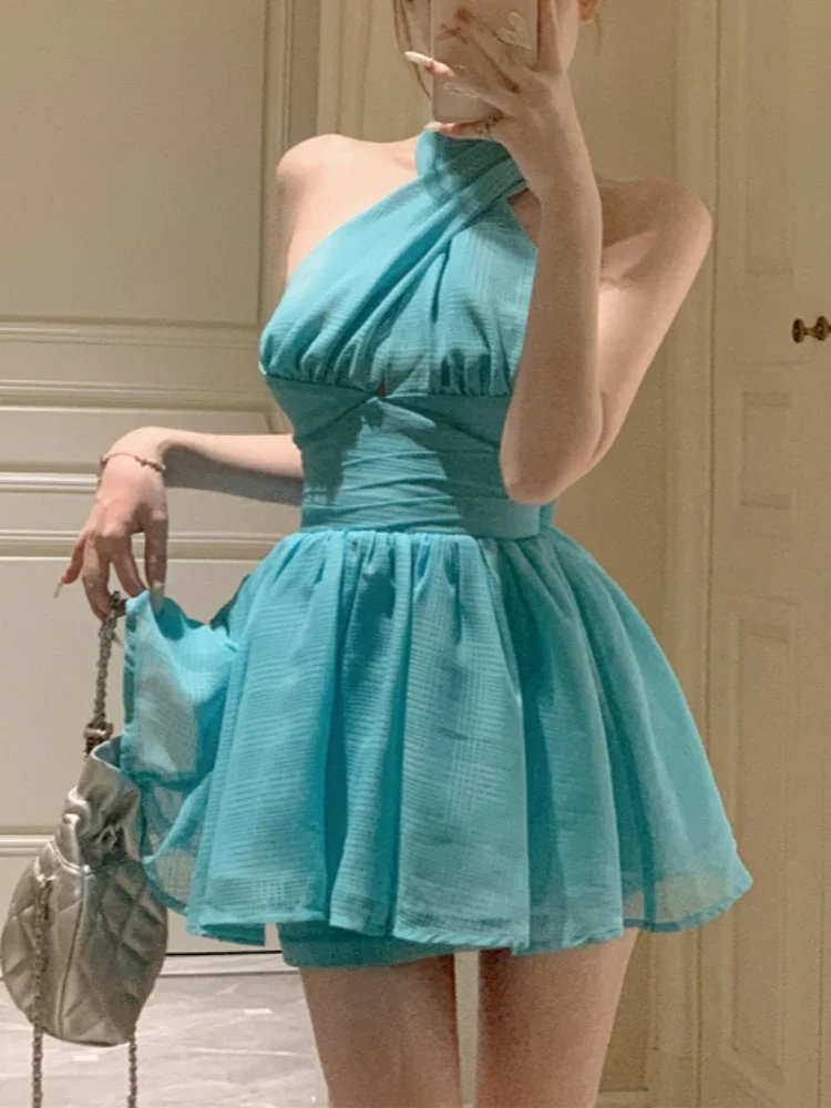 

Women Sexy Halter Mini Dress Elegant A-line Puffy Hem Slim Fit Backless Ruffle Sleeveless Summer Party Vacation Wedding Outfit