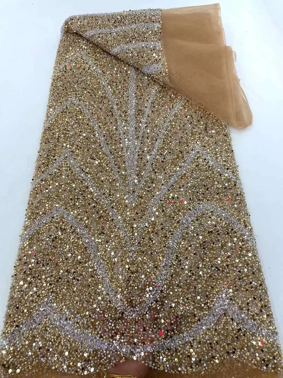 

African French Tulle Embroidery Heavy Beaded Lace Fabric Nigerian Sequins Lace Fabric For Wedding Party WS