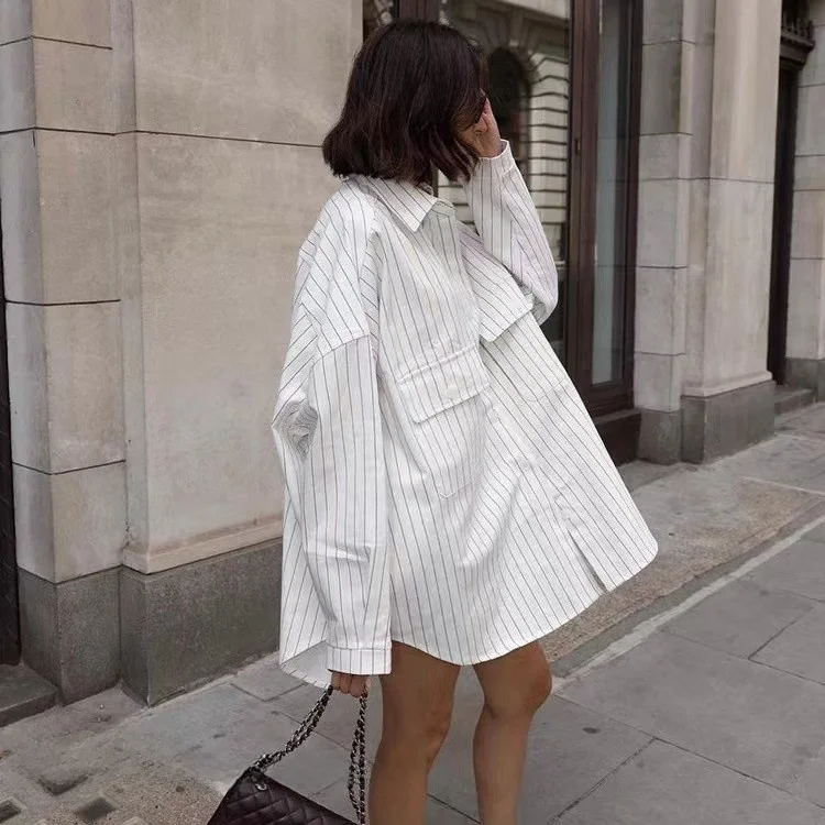 Loose Casual a righe irt Colletto rovesciato Lungo Sve Modello a righe Premium Faion da donna Comodo vestibilità ampia irt