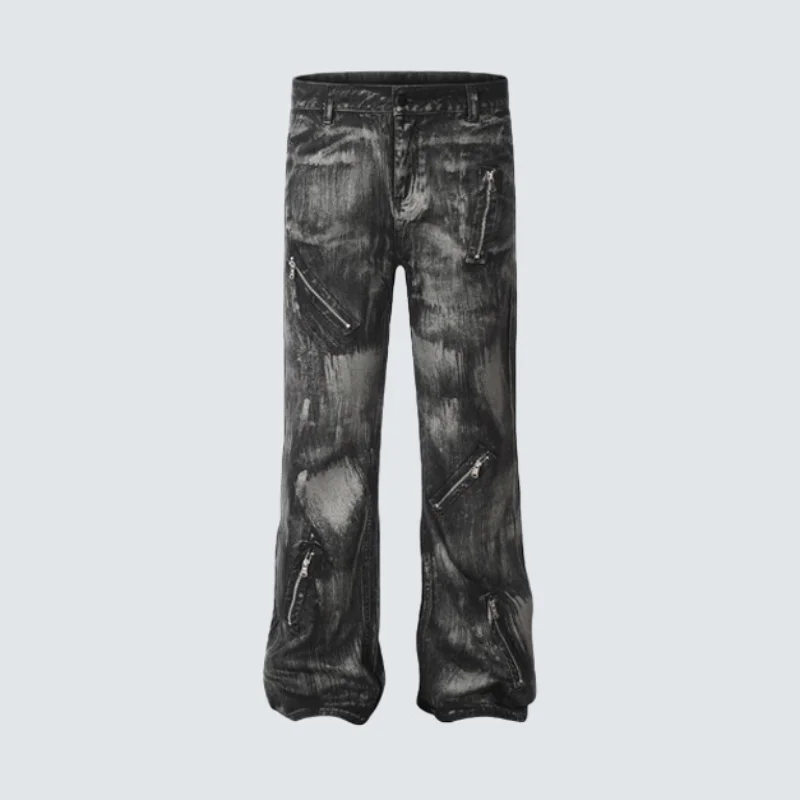 MWJLPWQ American-Style Distressed Gradient High Street Jeans Men's Niche Tie-Dye Multi-Zipper Washed Floor-Length Pants 20018