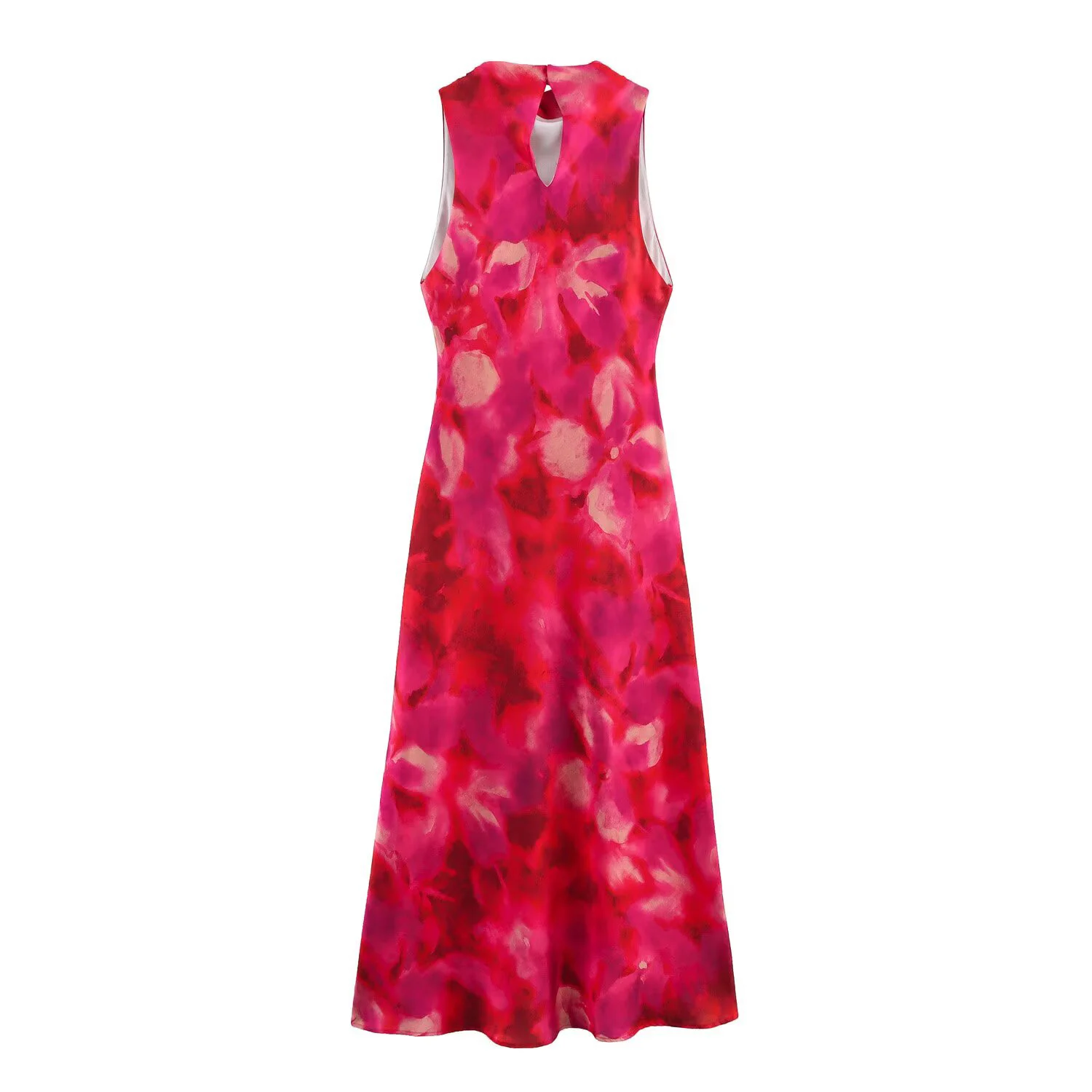 2025, Frühjahr/Sommer, neues Damen-MIDI-Kleid mit französischem Faltenkragen, Seidensatin, Textur, bedruckt, ärmellos