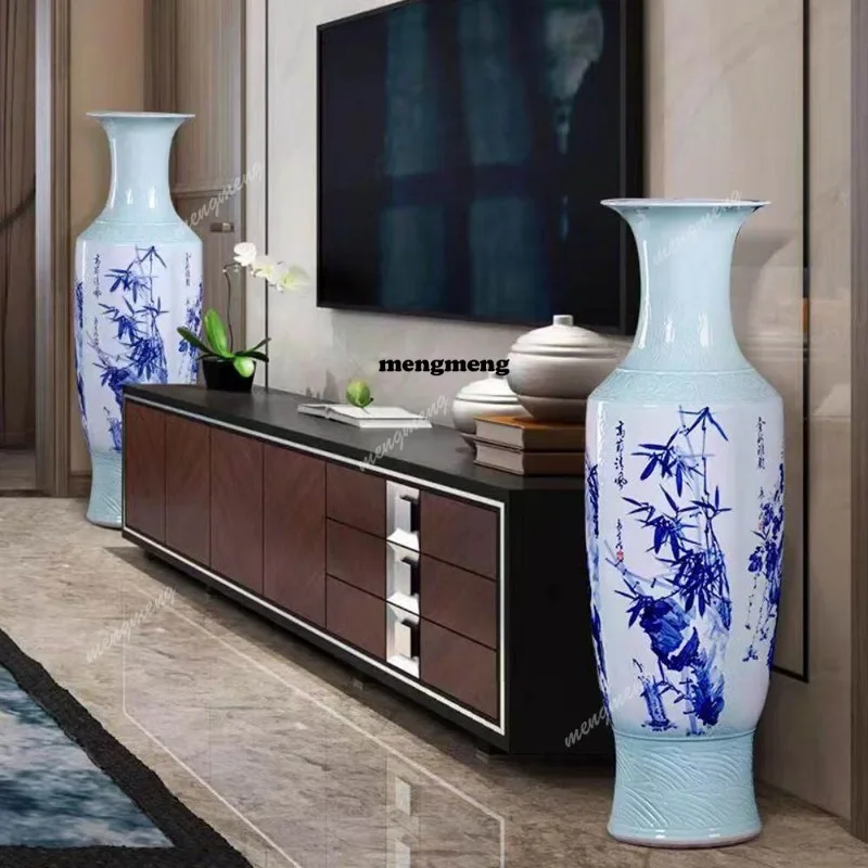 03 Jingdezhen ceramics hand-painted blue and white porcelain floor-to-ceiling vase ornament hotel Chinese living room decoration