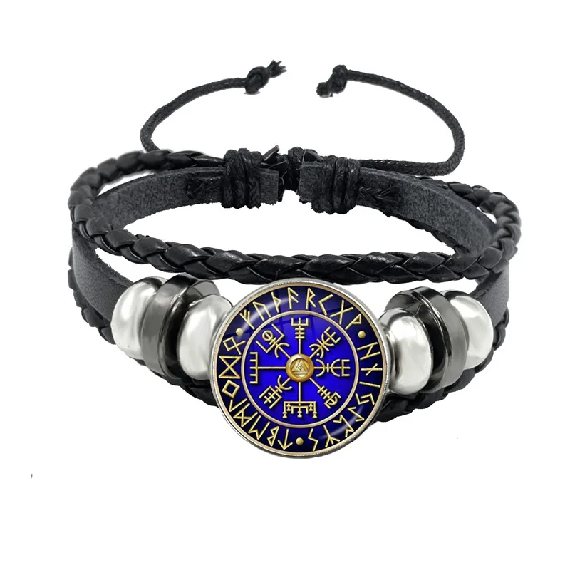 Viking Compass Bracelet Trinity Nordic Runes Odin Pattern Punk Leather Bracelets Goth Bangle For Men Amulet Jewelry Gift